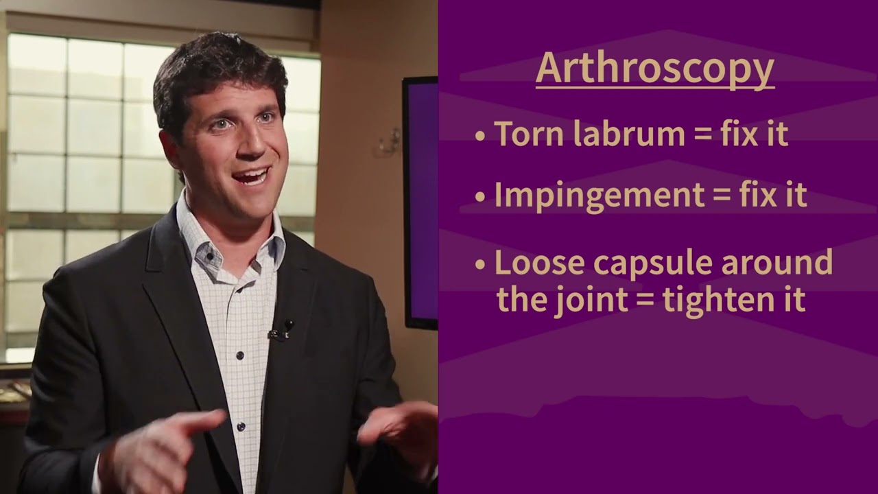 Dr. Michael ellman, md explaining arthroscopy; a slide with info that denotes how to handle a torn labrum, impingement, and loose capsule around the joint.
